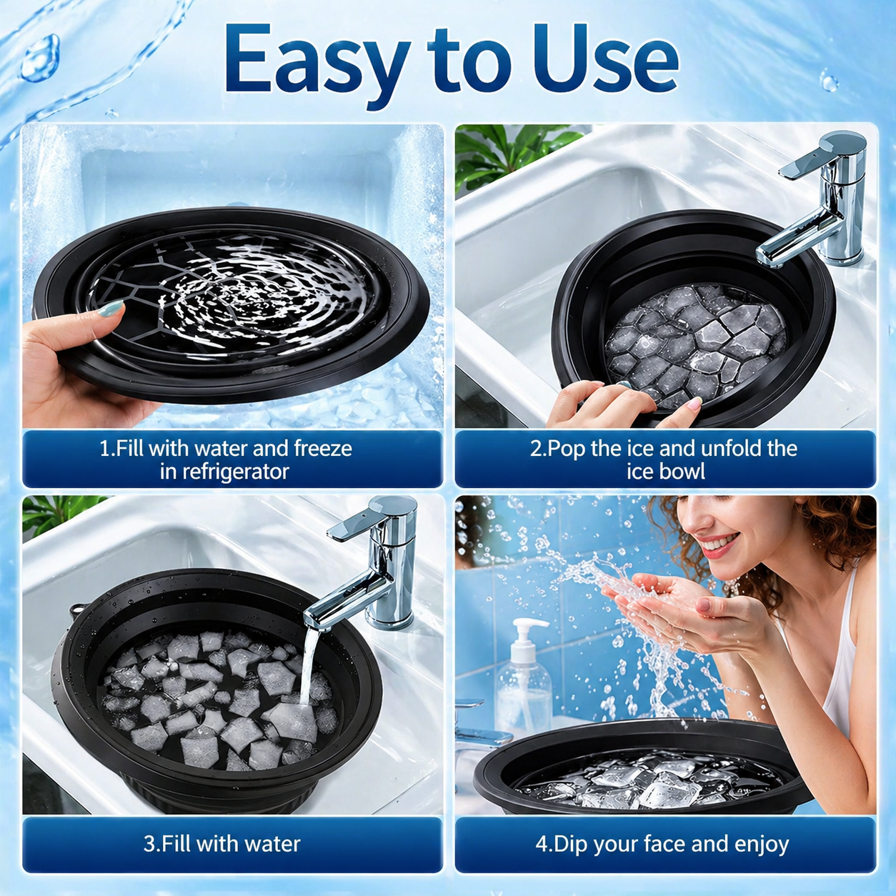 Ice Facial Bowl with Built-in Ice Tray – High Quality Collapsible Silicone Face Ice Bath for Glowing Skin