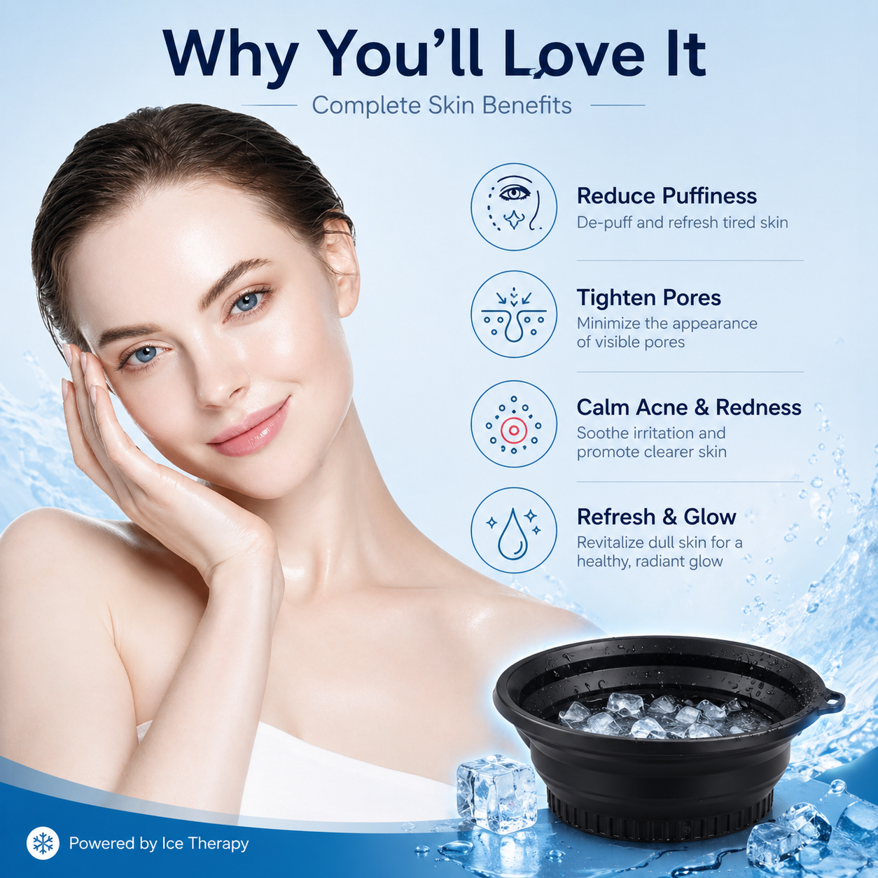 Ice Facial Bowl with Built-in Ice Tray – High Quality Collapsible Silicone Face Ice Bath for Glowing Skin